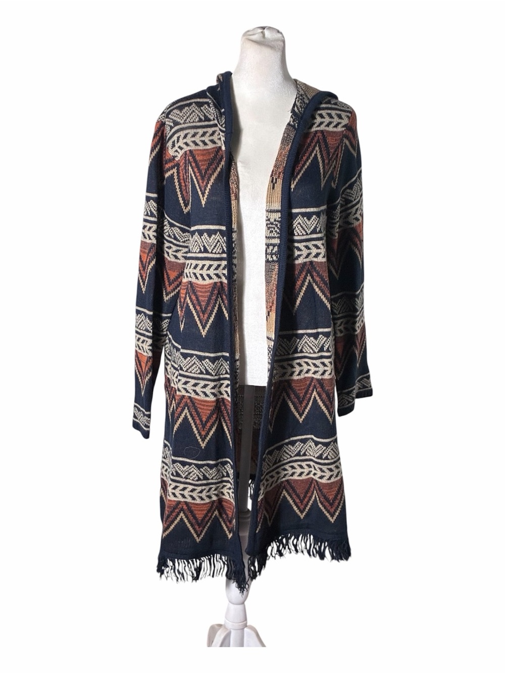 United States Sweaters hooded fringed long cardigan knit sweater Sz Large